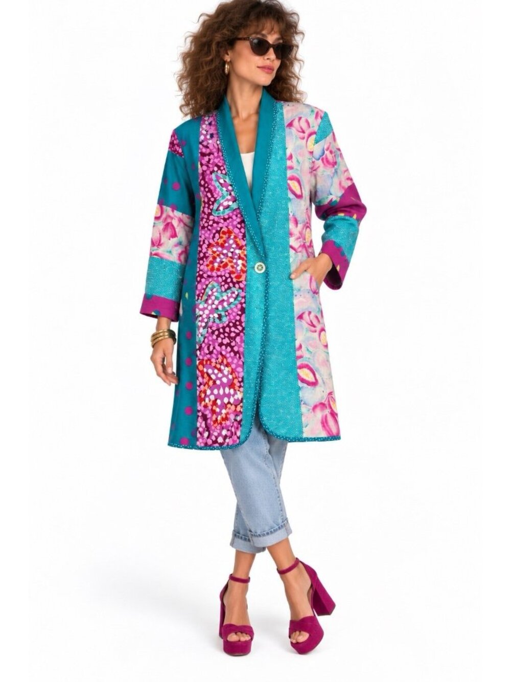 vintage JEANNE MARC 80S 90 long blazer jacket 16 18 wearable art patchwork